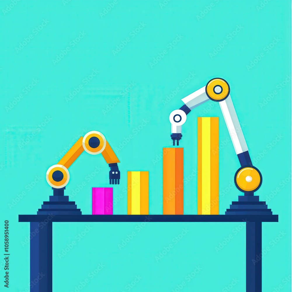 Poster this vibrant illustration features robotic arms arranging colorful bar graphs, symbolizing automatio