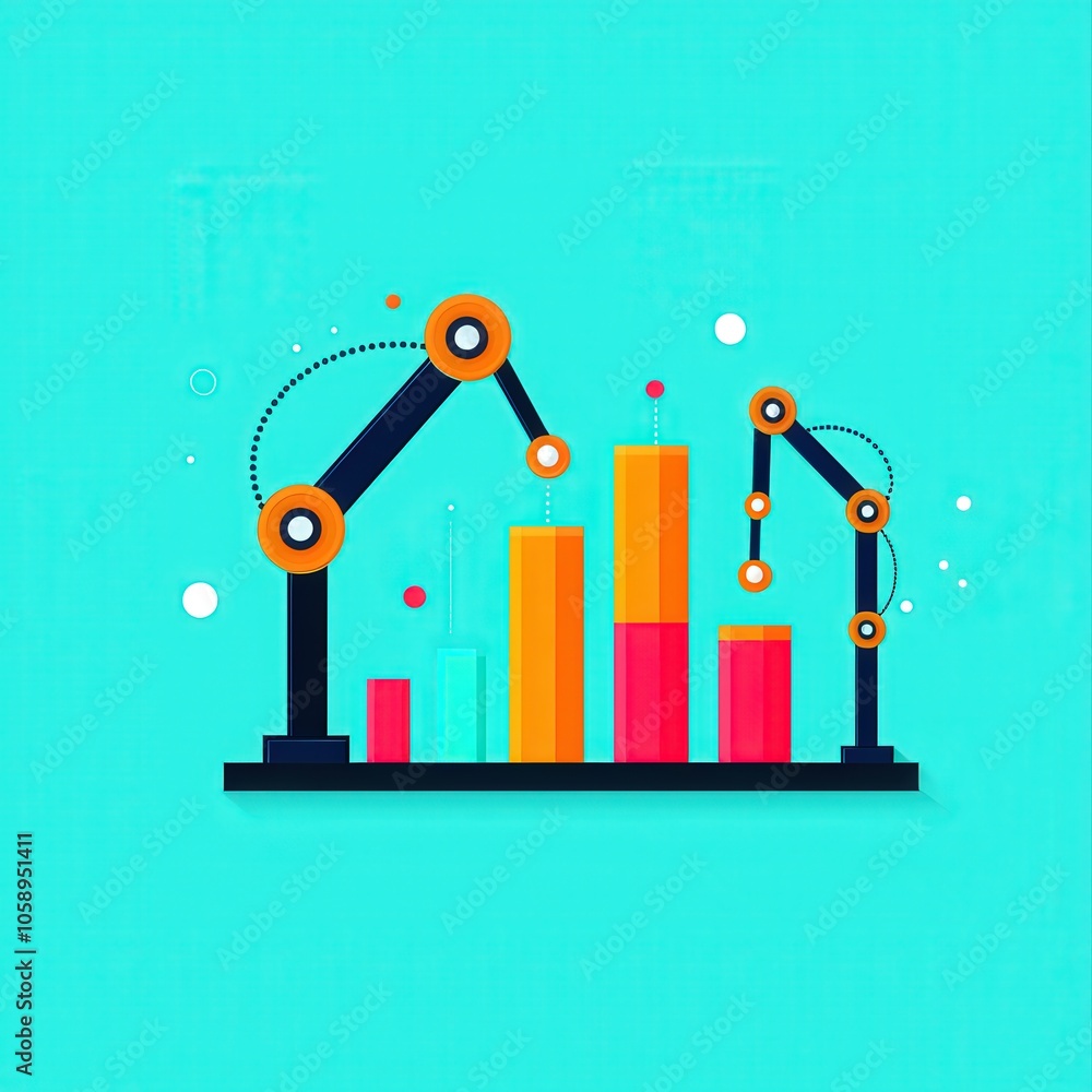 Poster this vibrant illustration features industrial robots interacting with bar graphs, representing techn
