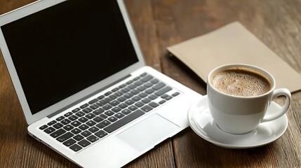 A laptop and a cup of coffee on a wooden table, ideal for work or relaxation.