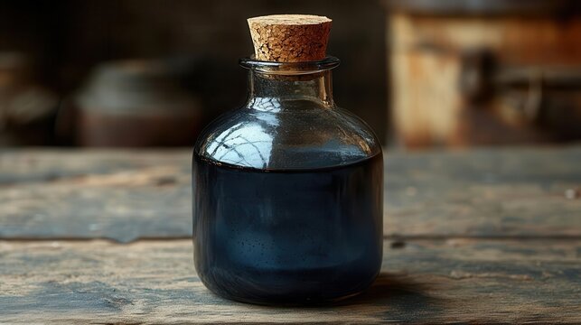 small glass bottle with a cork stopper, featuring dark liquid inside, set against a rustic wood background, evoking mystery and intrigue, perfect for potion or elixir representation