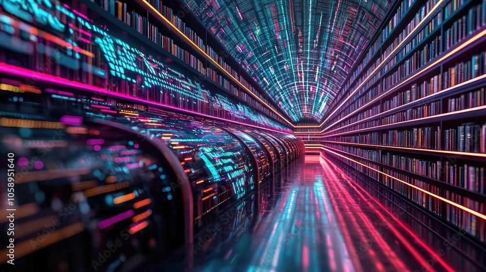 Poster Futuristic library with glowing data streams and vibrant neon lights.