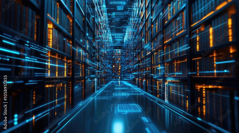 Poster Futuristic data center corridor with glowing lines and digital lights.