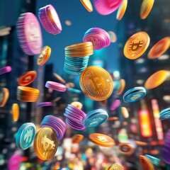 Colorful Bitcoin coins falling against a city backdrop, representing the rise and future of cryptocurrency.