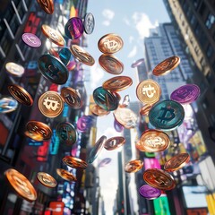 Bitcoin coins falling through the air in a city setting, representing cryptocurrency and finance.