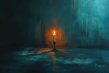 Obraz premium A Single Burning Candle Against a Distressed Teal Wall
