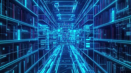 Fototapeta premium Futuristic digital library with glowing shelves and neon lights, immersive perspective.
