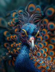 Obraz premium Peacock feather close up. Fantasy creatures, strange fictional birds. Smartphone or computer wallpaper. Unique, Surreal, magical birds Abstract background.