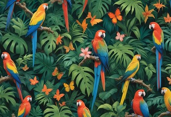 Tropical exotic pattern with animal and flowers in bright colors and lush vegetationn