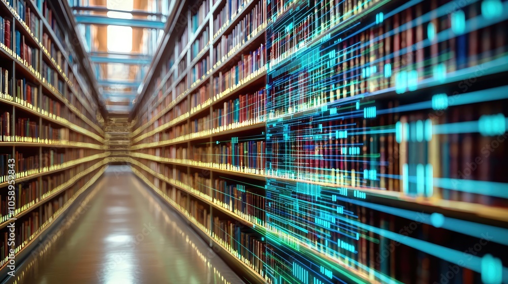 Aufkleber digital transformation in a library with glowing book spines.