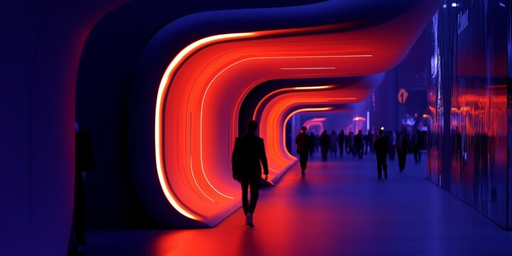 Exhibition expo event trade fair hall with busy bustling people walking to conferences in a modern hall crowded business people Generative AI