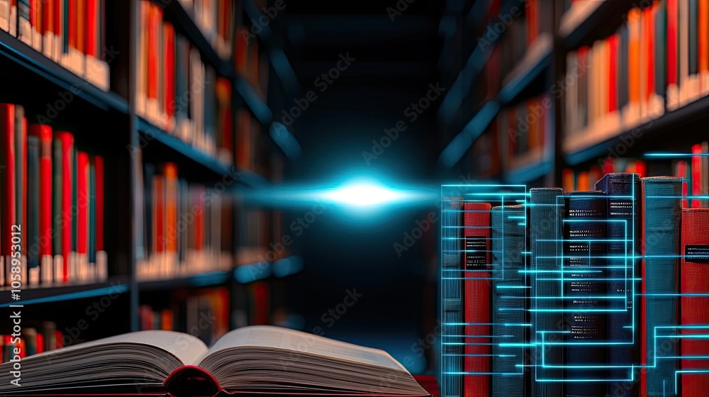 Poster open book in a library with glowing technology, shelves filled with colorful books.