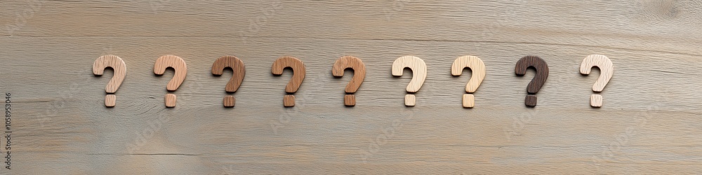 Aufkleber a row of wooden question marks are lined up on a wooden surface. the question marks are of different