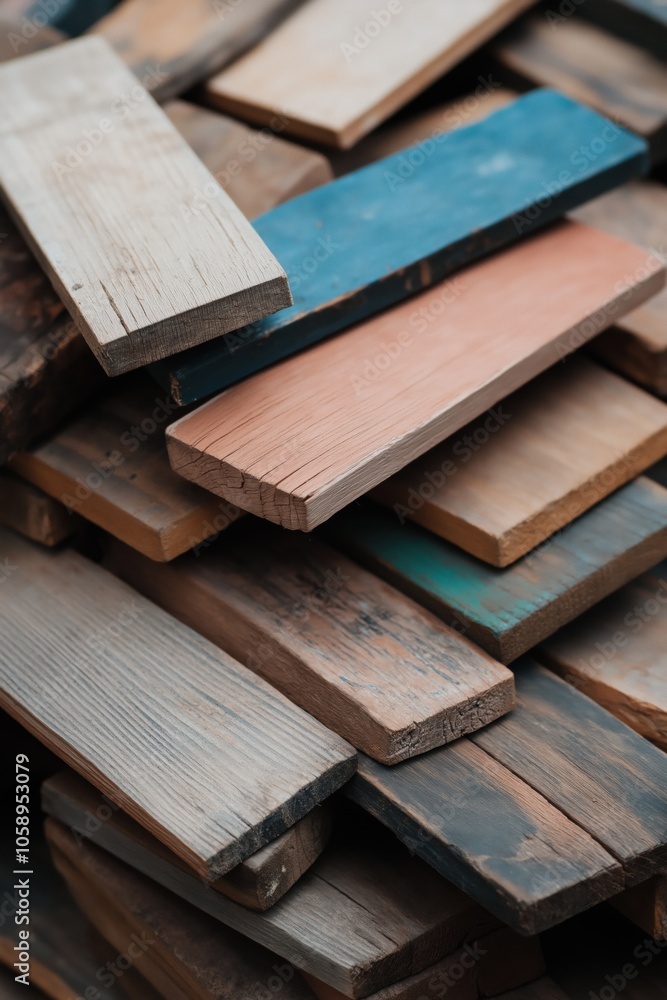 Poster a pile of wood with different colors stacked on top of each other. concept of creativity and resourc