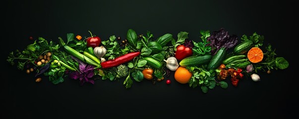 Assortment of fresh vegetables and herbs on a black background.