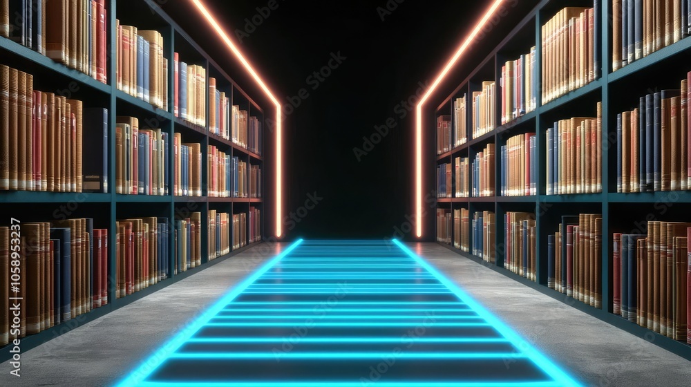 Poster modern library corridor with glowing path and bookshelves.