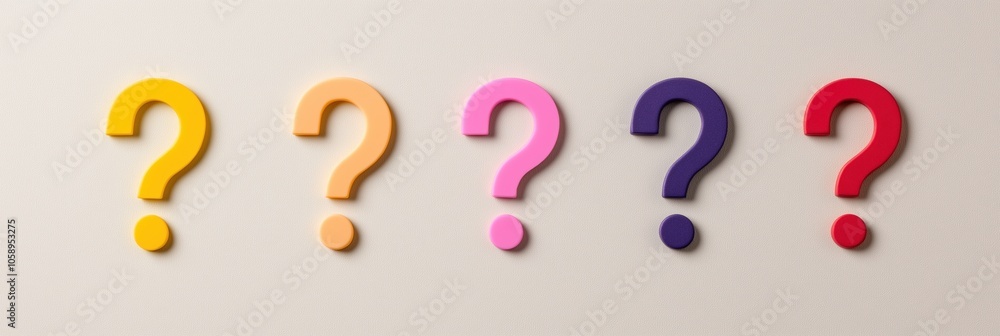 Poster a row of five different colored questions are lined up on a white background. the questions are of d