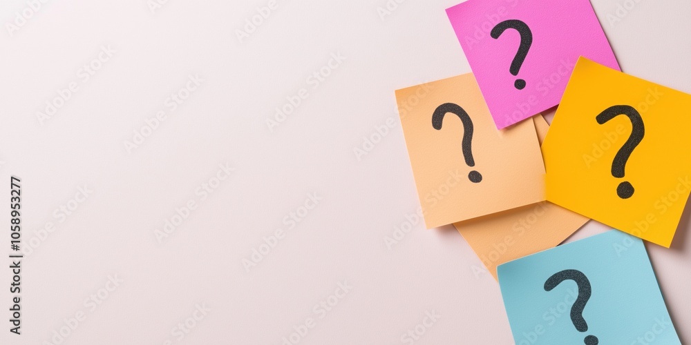 Poster a bunch of colorful sticky notes with black question marks on them. the notes are arranged in a row 