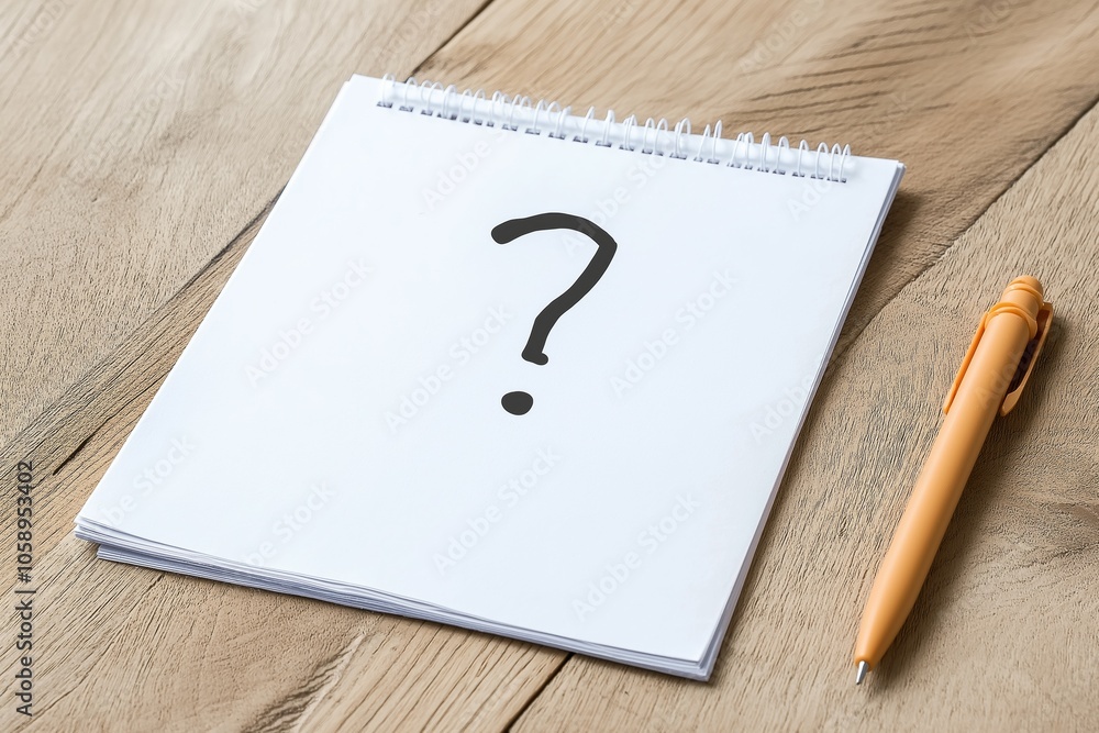 Poster a white spiral notebook with a question mark on it and a pen next to it. the notebook is open to a b
