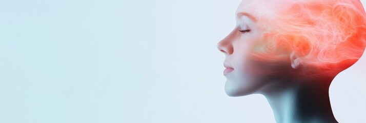 A woman's face is shown with a glowing red head. Concept of peace and tranquility, as the woman is in a deep state of meditation. The red head suggests a fiery, intense energy