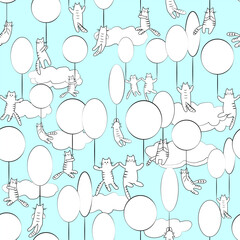Funny cartoon cats are flying in the sky on balloons. Vector illustration, seamless pattern.