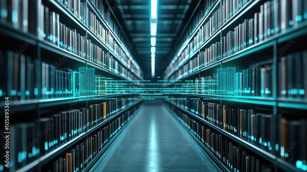 Poster modern library interior with rows of bookshelves and a focused atmosphere.
