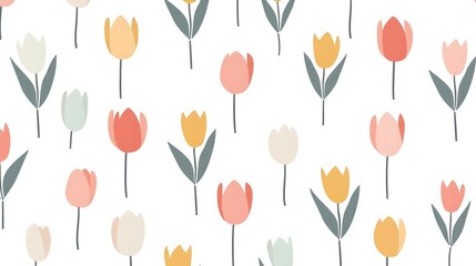 Minimalist Scandinavian Inspired Tulip Floral Pattern in Pastel Tones on White Background