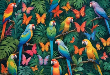 Tropical exotic pattern with animal and flowers in bright colors and lush vegetationn