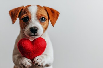Cute puppy holding a red heart shaped toy against a light background in a loving pose