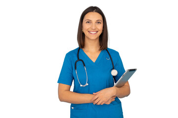 Smiling female nurse in scrubs, ready to assist