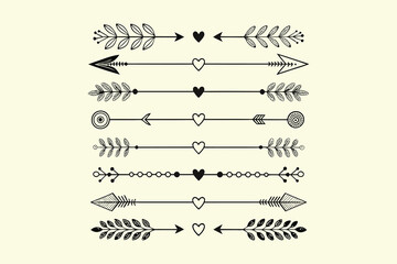 Black and White  Elements with Hearts, Leaves, and Arrows eps