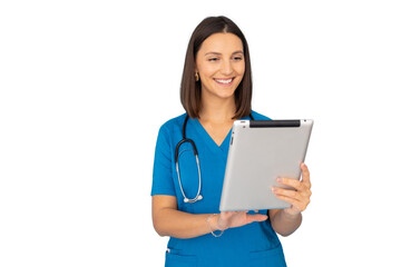 Smiling female nurse in scrubs, ready to assist