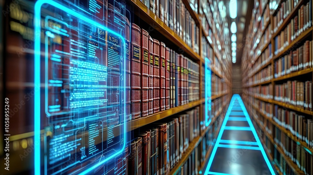 Poster futuristic library with digital interface among rows of books.