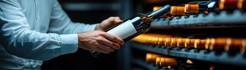 A person selects a wine bottle from a sleek wine rack, showcasing the elegance of wine storage and selection.