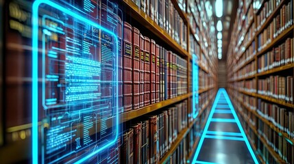 Futuristic library with digital interface among rows of books.