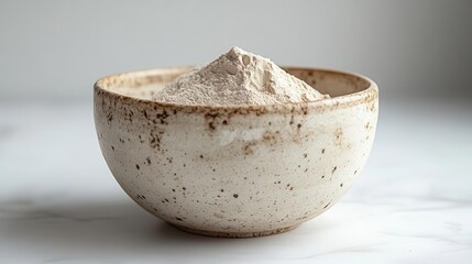 soft beige powder in a bowl set against a clean white background, showcasing the fine texture and subtle hues. the image emphasizes simplicity and purity, ideal for cosmetic or culinary uses