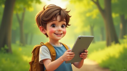 A young vlogger holds a tablet outdoors, smiling brightly in a sunlit forest. His cheerful expression highlights a moment of child vlogging or digital exploration in nature.