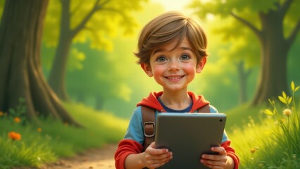 A young vlogger holds a tablet outdoors, smiling brightly in a sunlit forest. His cheerful expression highlights a moment of child vlogging or digital exploration in nature.