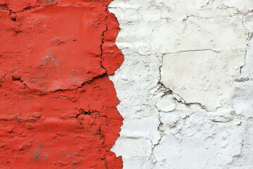 Obraz premium distressed red and white wall texture showcasing cracked paint and peeling layers in an abstract urban background