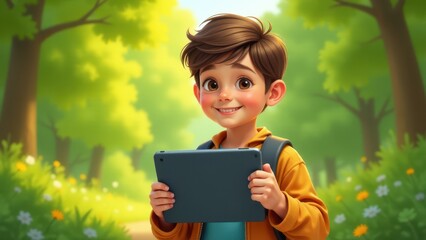 Fototapeta premium A young vlogger holds a tablet outdoors, smiling brightly in a sunlit forest. His cheerful expression highlights a moment of child vlogging or digital exploration in nature.