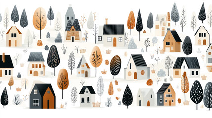 Illustration of a whimsical village with various cartoon-style houses surrounded by stylized trees and foliage in earthy tones.