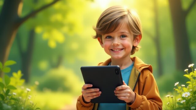A young vlogger holds a tablet outdoors, smiling brightly in a sunlit forest. His cheerful expression highlights a moment of child vlogging or digital exploration in nature.