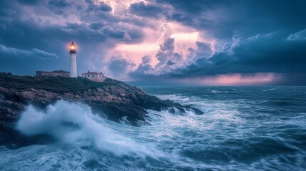 A lighthouse stands resilient on the rugged coast as tumultuous waves crash against the rocks. Dark clouds gather, illuminated by distant lightning at dusk