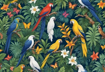 Tropical exotic pattern with animal and flowers in bright colors and lush vegetationn