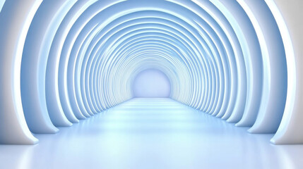 futuristic tunnel with smooth, curved walls and soft blue lighting creates serene atmosphere. design emphasizes depth and modernity, inviting exploration