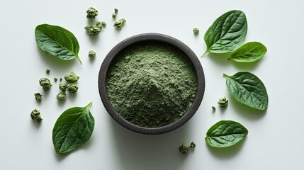 Green Powder in a Bowl Surrounded by Spinach Leaves