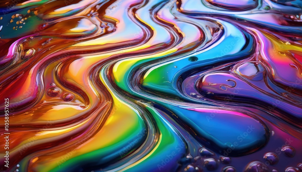 Poster vivid oil liquid rainbow waves in glossy abstract design. flowing iridescent colors and fluid curves