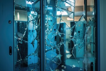 Shattered Glass Door in a Blue Room