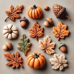 Handcrafted autumn clay decorations with pumpkins, acorns, and fall leaves, earthy tones, cozy rustic seasonal decor, polymer clay art for autumn

