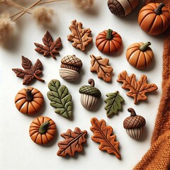 Rustic autumn clay decorations with pumpkins, acorns, and fall leaves, handcrafted earthy decor, cozy seasonal art for autumn, polymer clay miniatures
