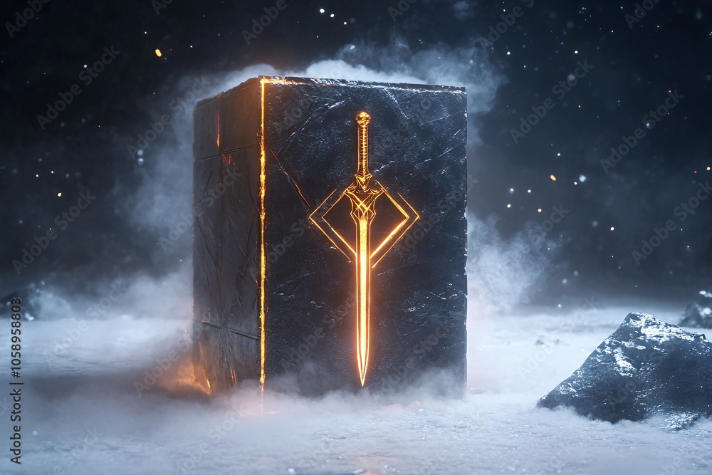 Poster glowing sword embedded in stone block fantasy mysterious dark fantasy scene